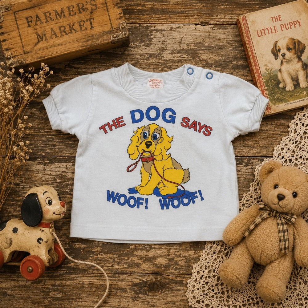 Vintage Buster Brown Baby T-Shirt Light‎ Blue Dog Says Woof Graphic 6-9 Months